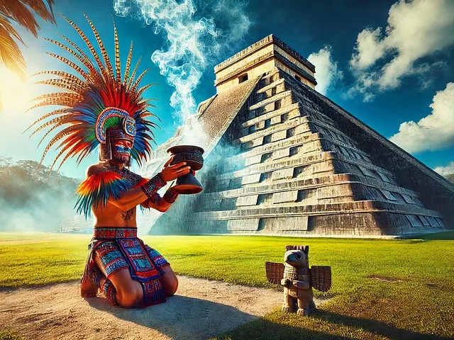 Eine Person in aufwendigem Maya-Kostüm hält ein rauchendes Gefäß in der Nähe einer Pyramide.